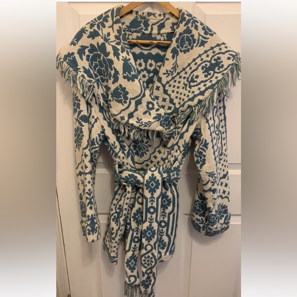 Vintage teal/off white festival style fringe knitted cardigan.